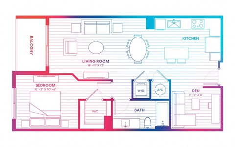 Floor plan for 1 bed, 1 bath, 830 sqft